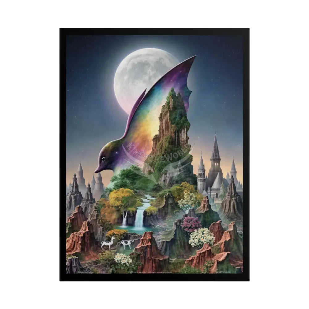 Unusual Giant Bat Wingscape Wonderland Celestial Fantasy Waterfall Gothic Art Poster — Exclusive Blender Diorama Rolled