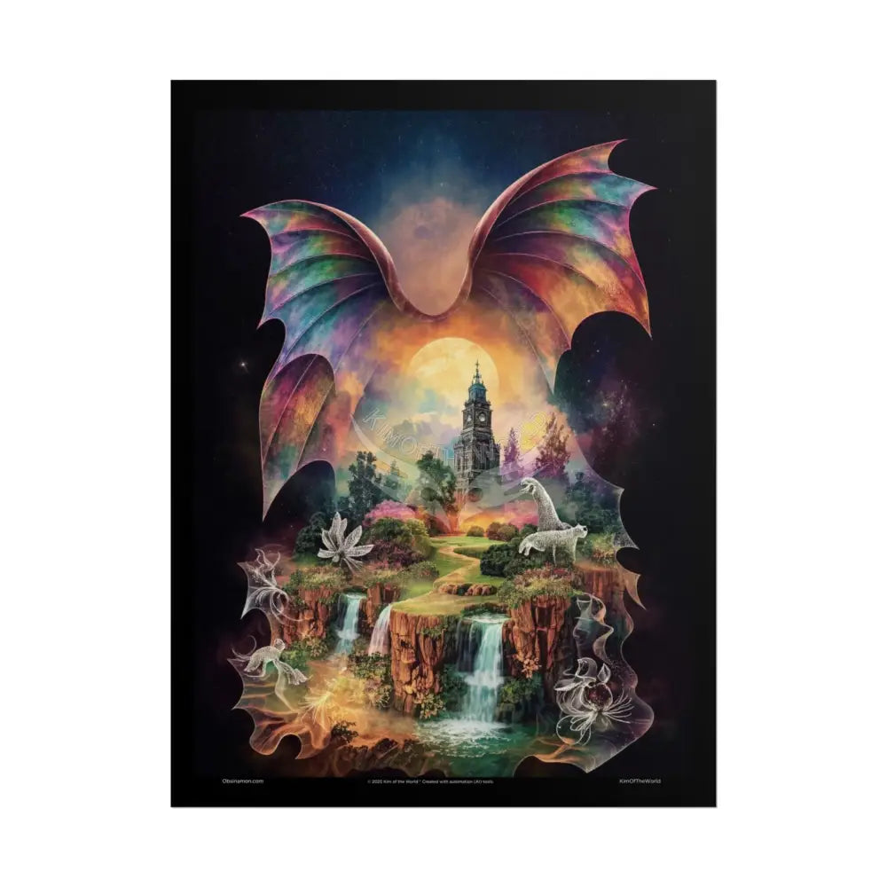 Unusual Giant Bat Wingscape Wonderland Celestial Fantasy Waterfall Gothic Art Poster — Exclusive Blender Diorama Rolled