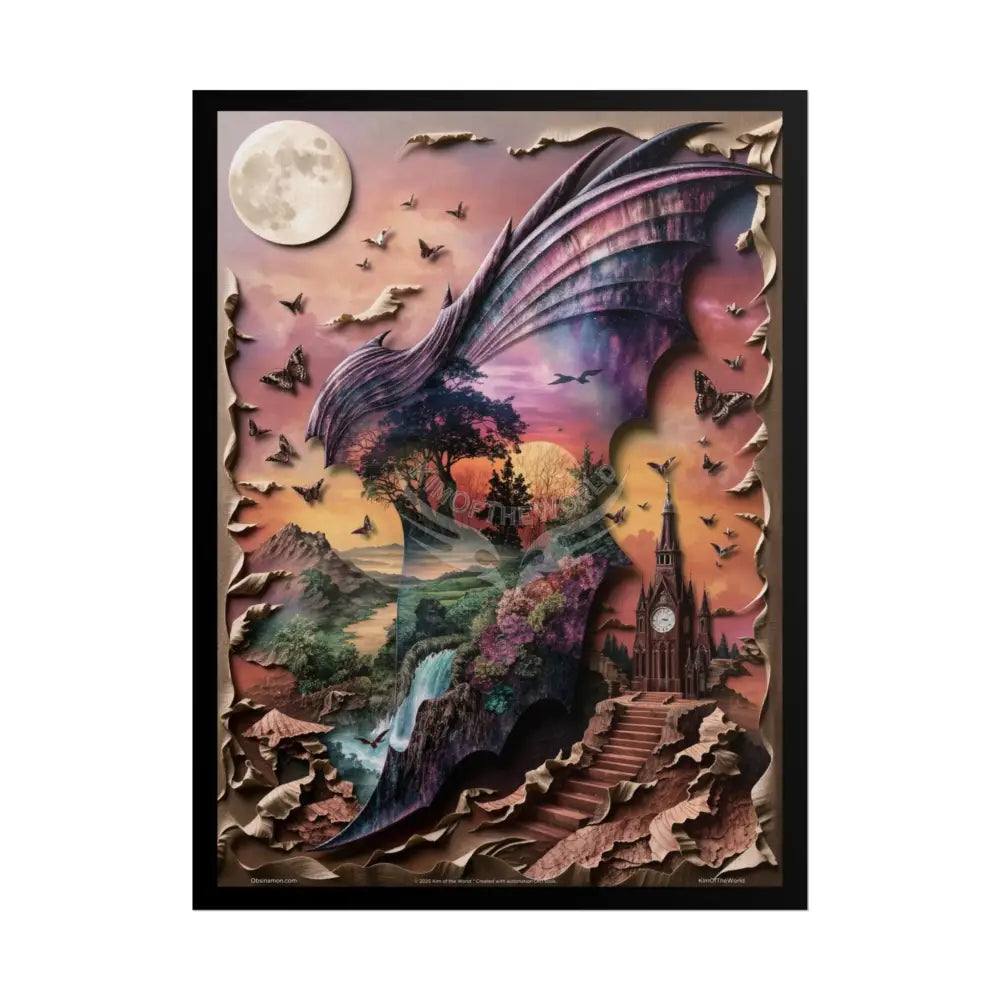 Unusual Giant Bat Wingscape Wonderland Celestial Fantasy Waterfall Gothic Art Poster — Exclusive Blender Diorama Rolled