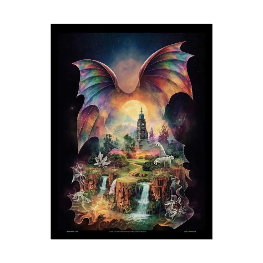 Unusual Giant Bat Wingscape Wonderland Celestial Fantasy Waterfall Gothic Art Poster — Exclusive Blender Diorama Rolled