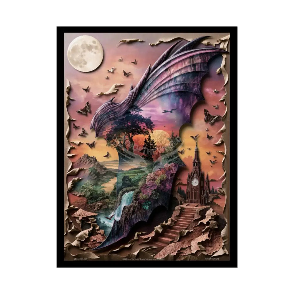 Unusual Giant Bat Wingscape Wonderland Celestial Fantasy Waterfall Gothic Art Poster — Exclusive Blender Diorama Rolled