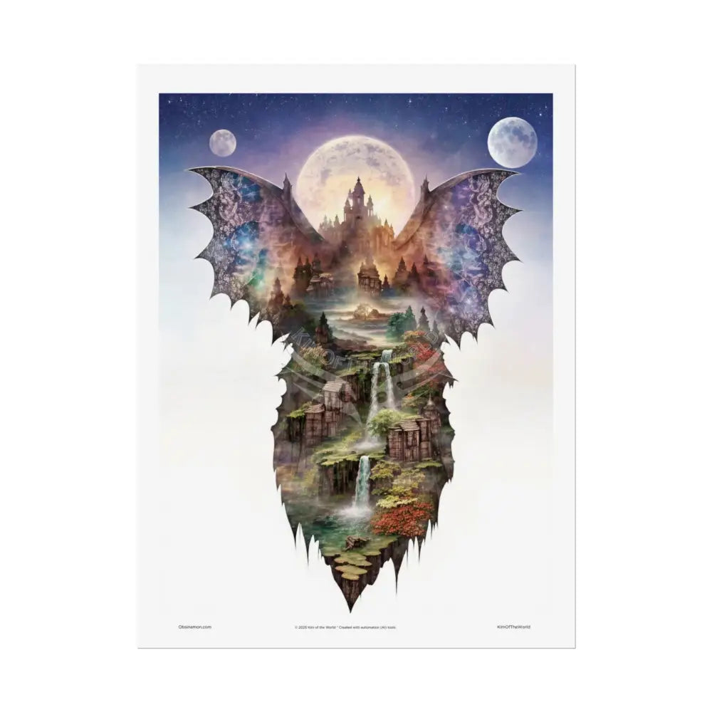 Unusual Giant Bat Wingscape Wonderland Celestial Fantasy Waterfall Gothic Art Poster — Exclusive Blender Diorama Rolled
