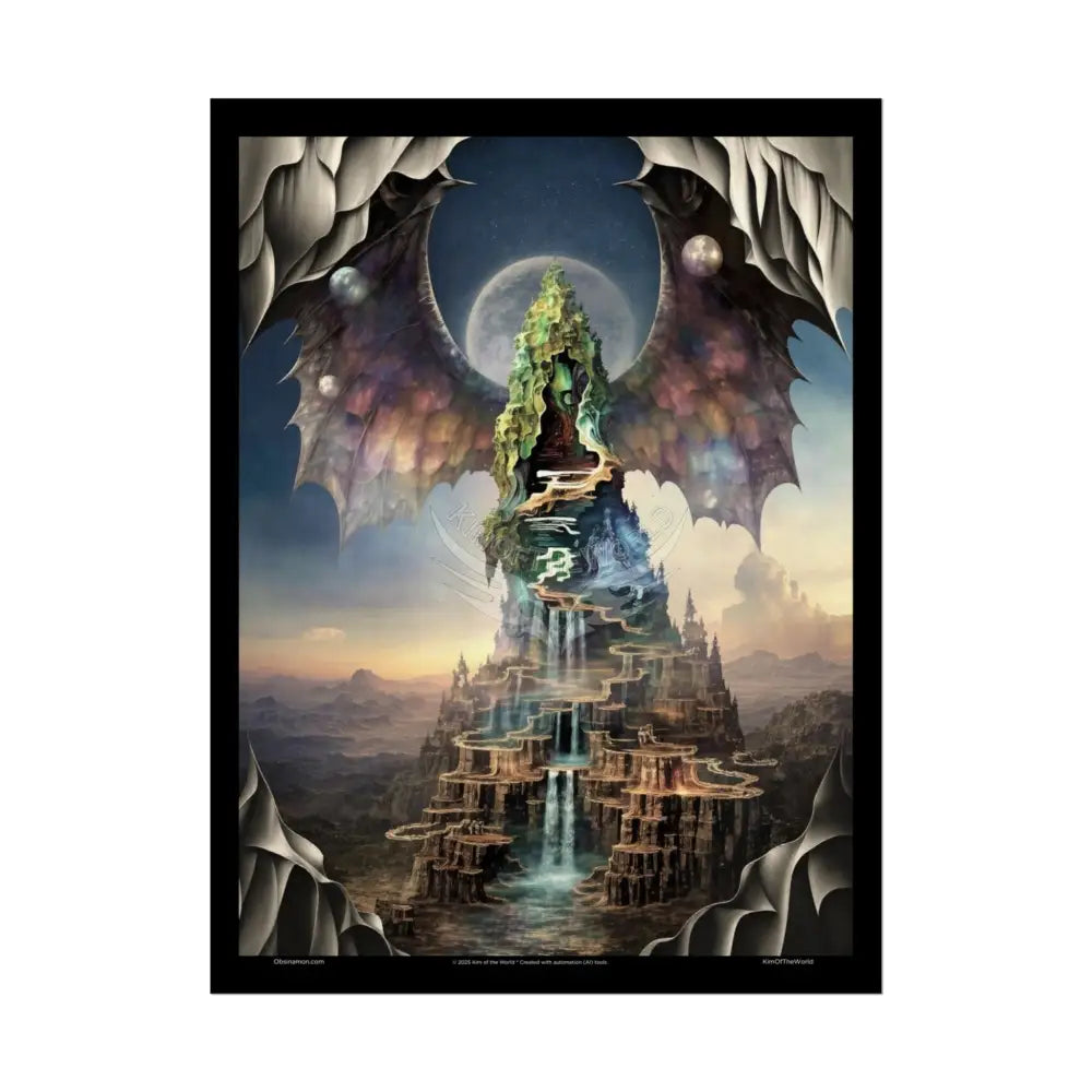 Unusual Giant Bat Wingscape Wonderland Celestial Fantasy Waterfall Gothic Art Poster — Exclusive Blender Diorama Rolled