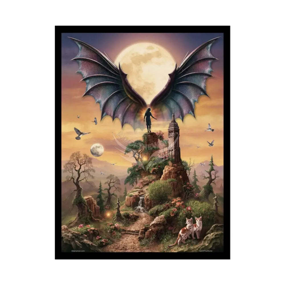 Unusual Giant Bat Wingscape Wonderland Celestial Fantasy Waterfall Gothic Art Poster — Exclusive Blender Diorama Rolled