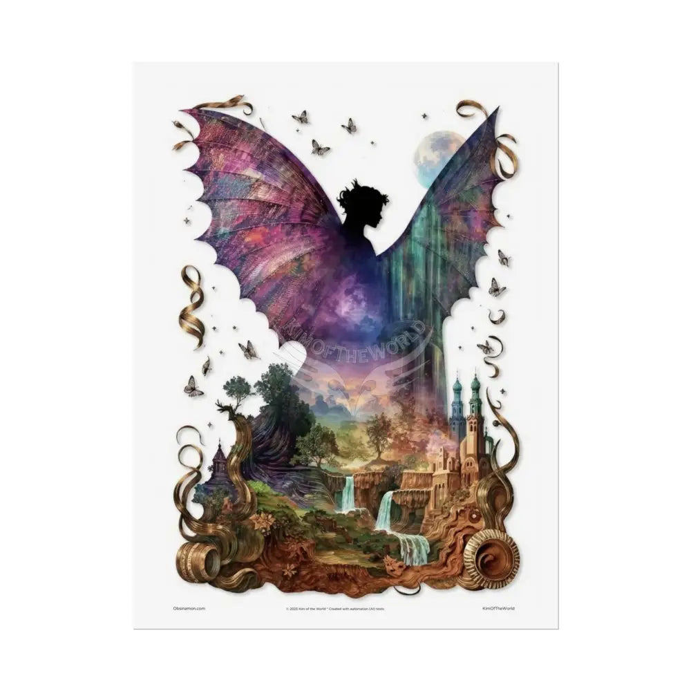 Unusual Giant Bat Wingscape Wonderland Celestial Fantasy Waterfall Gothic Art Poster — Exclusive Blender Diorama Rolled