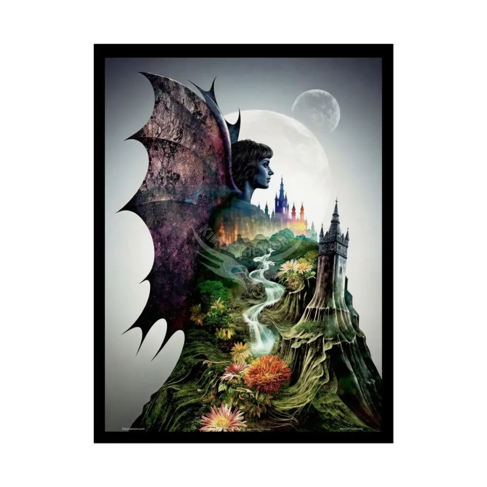 Unusual Giant Bat Wingscape Wonderland Celestial Fantasy Waterfall Gothic Art Poster — Exclusive Blender Diorama Rolled