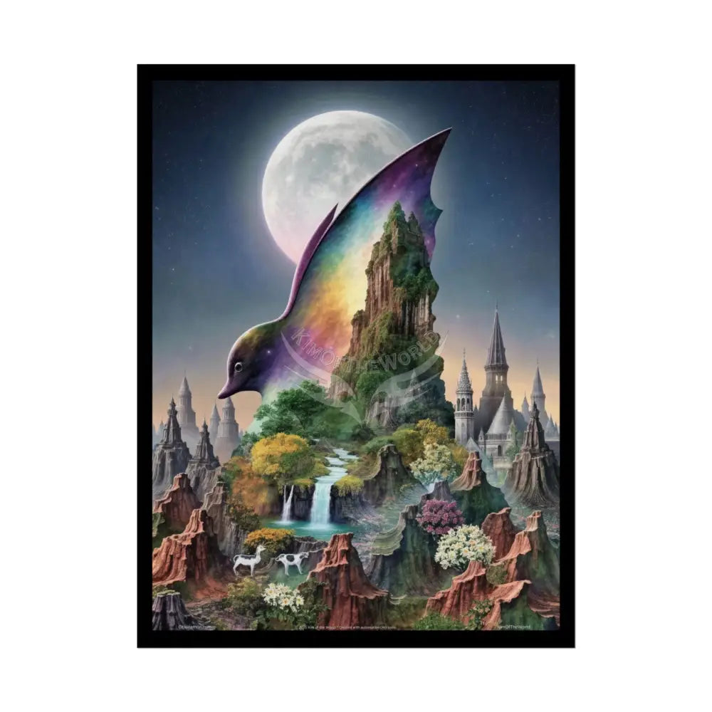 Unusual Giant Bat Wingscape Wonderland Celestial Fantasy Waterfall Gothic Art Poster — Exclusive Blender Diorama Rolled