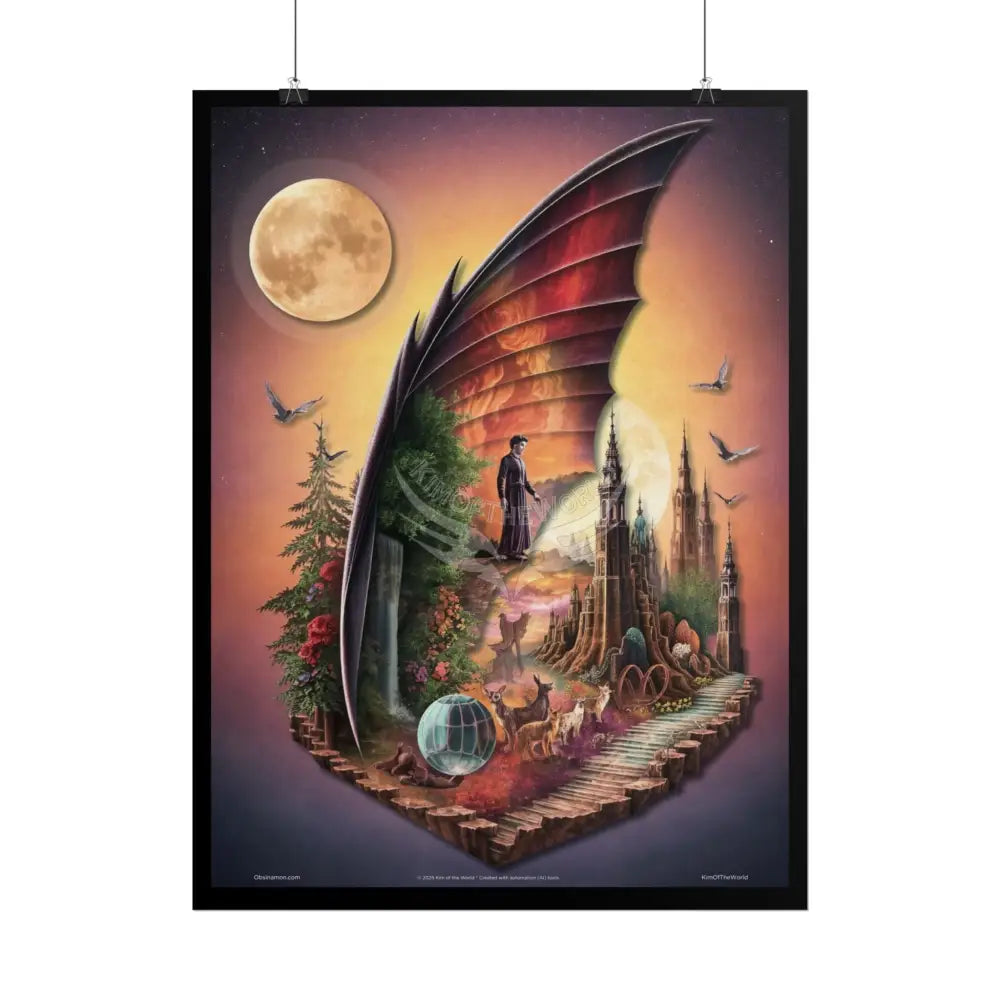 Unusual Giant Bat Wingscape Wonderland Celestial Fantasy Waterfall Gothic Art Poster — Exclusive Blender Diorama Rolled