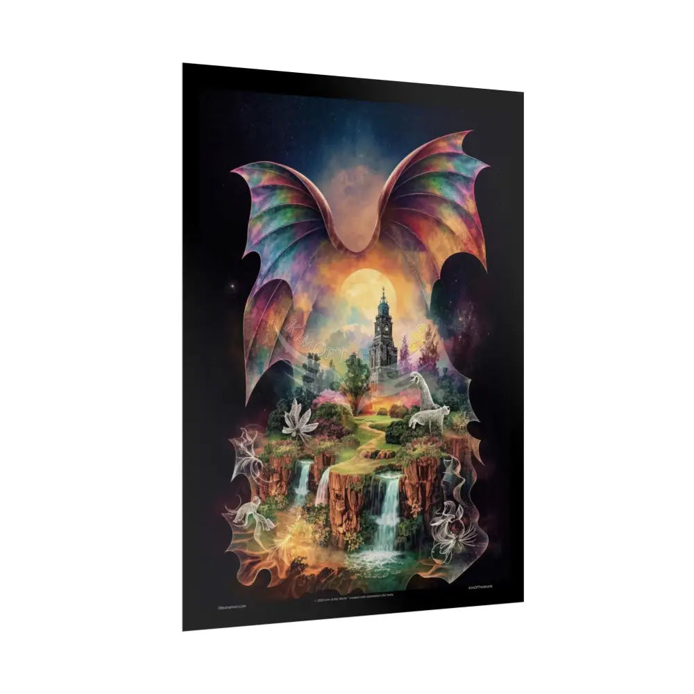 Unusual Giant Bat Wingscape Wonderland Celestial Fantasy Waterfall Gothic Art Poster — Exclusive Blender Diorama Rolled
