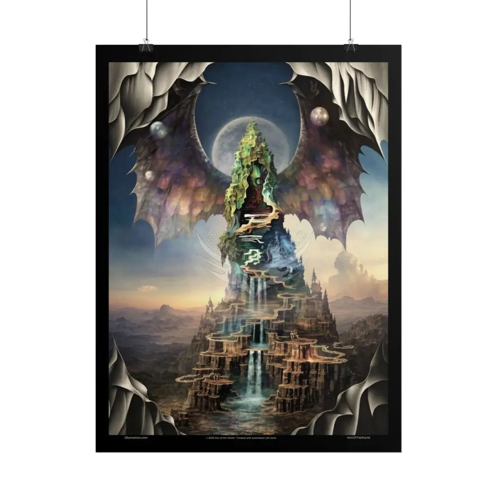 Unusual Giant Bat Wingscape Wonderland Celestial Fantasy Waterfall Gothic Art Poster — Exclusive Blender Diorama Rolled