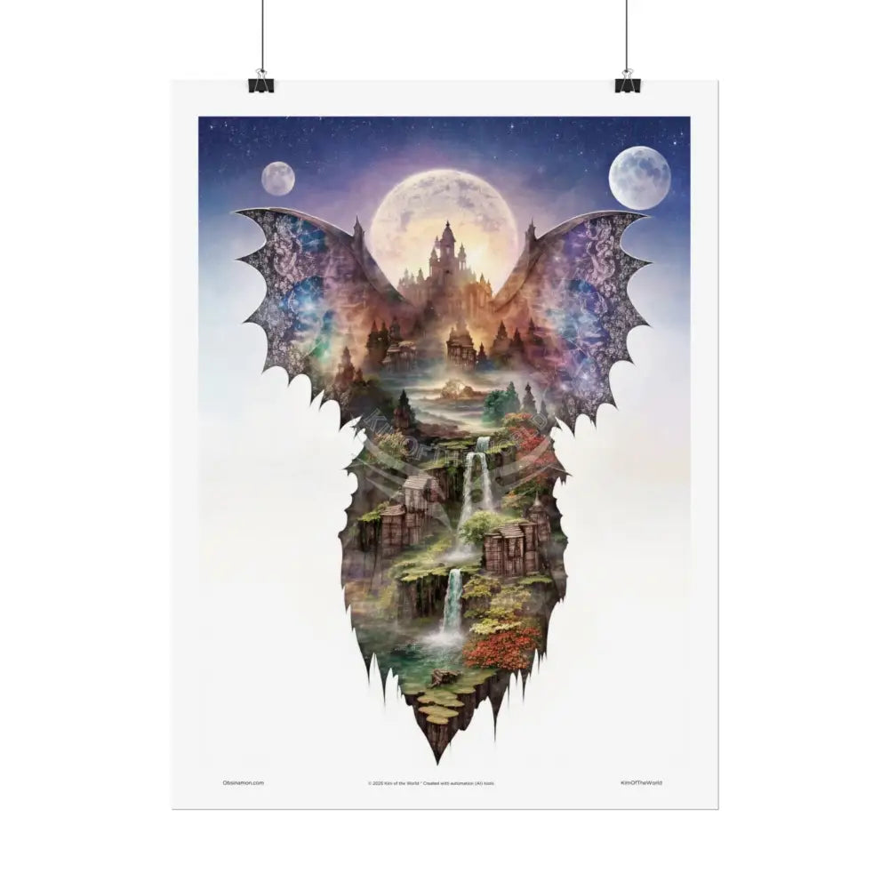 Unusual Giant Bat Wingscape Wonderland Celestial Fantasy Waterfall Gothic Art Poster — Exclusive Blender Diorama Rolled