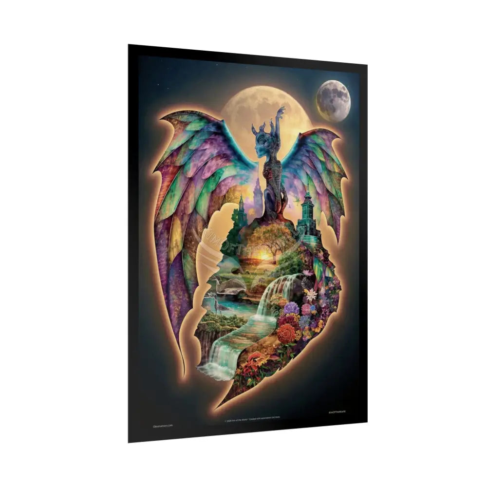 Unusual Giant Bat Wingscape Wonderland Celestial Fantasy Waterfall Gothic Art Poster — Exclusive Blender Diorama Rolled