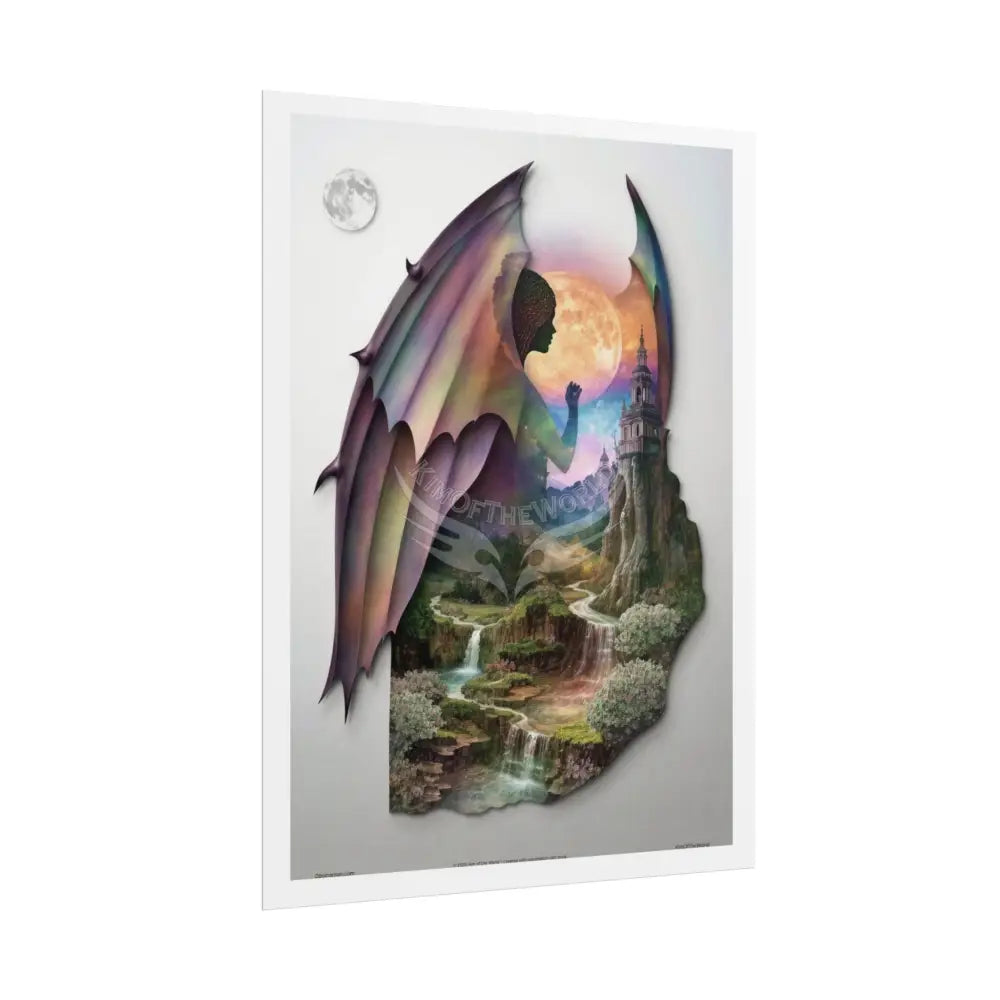 Unusual Giant Bat Wingscape Wonderland Celestial Fantasy Waterfall Gothic Art Poster — Exclusive Blender Diorama Rolled
