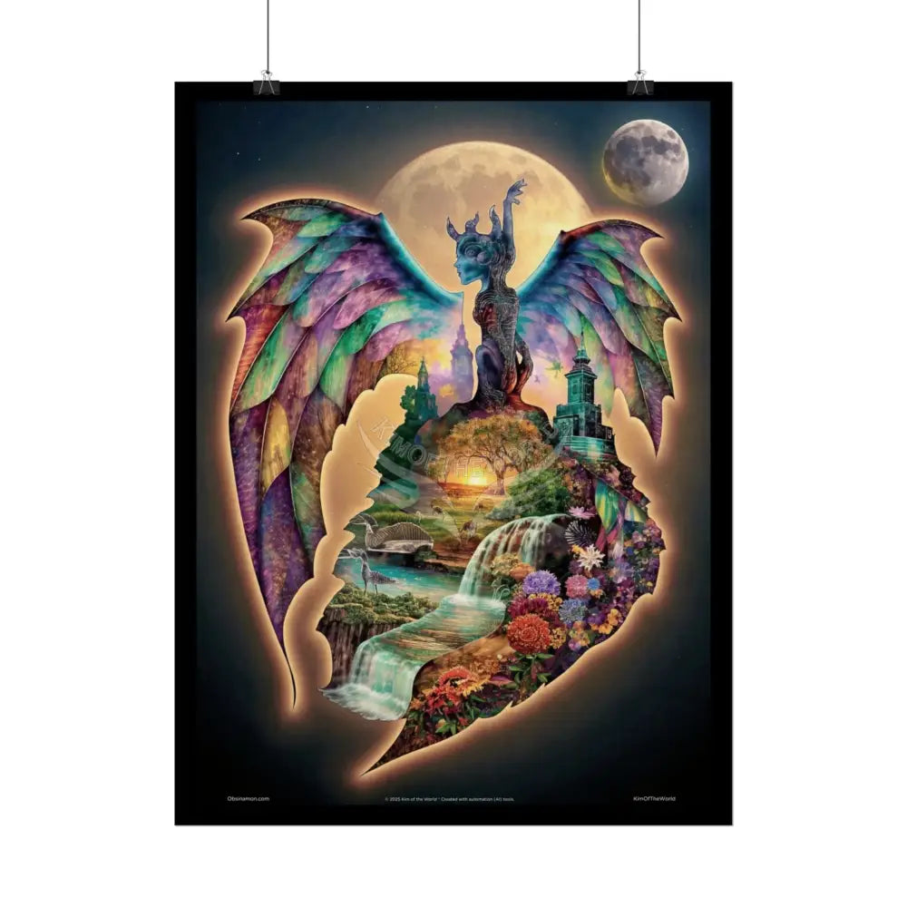 Unusual Giant Bat Wingscape Wonderland Celestial Fantasy Waterfall Gothic Art Poster — Exclusive Blender Diorama Rolled