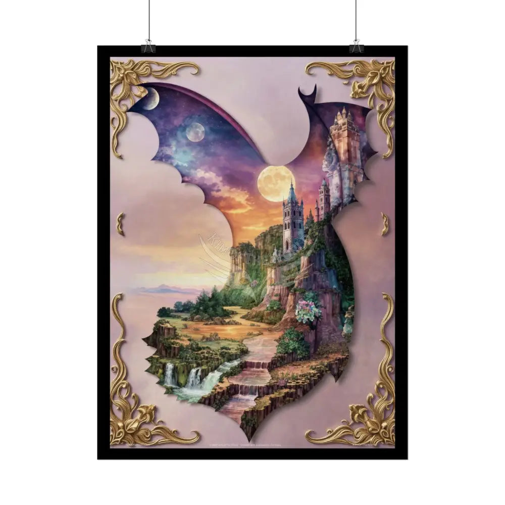 Unusual Giant Bat Wingscape Wonderland Celestial Fantasy Waterfall Gothic Art Poster — Exclusive Blender Diorama Rolled