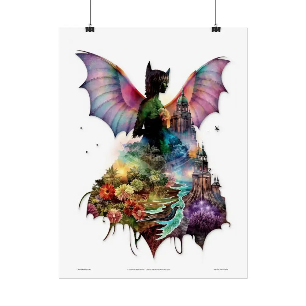 Unusual Giant Bat Wingscape Wonderland Celestial Fantasy Waterfall Gothic Art Poster — Exclusive Blender Diorama Rolled