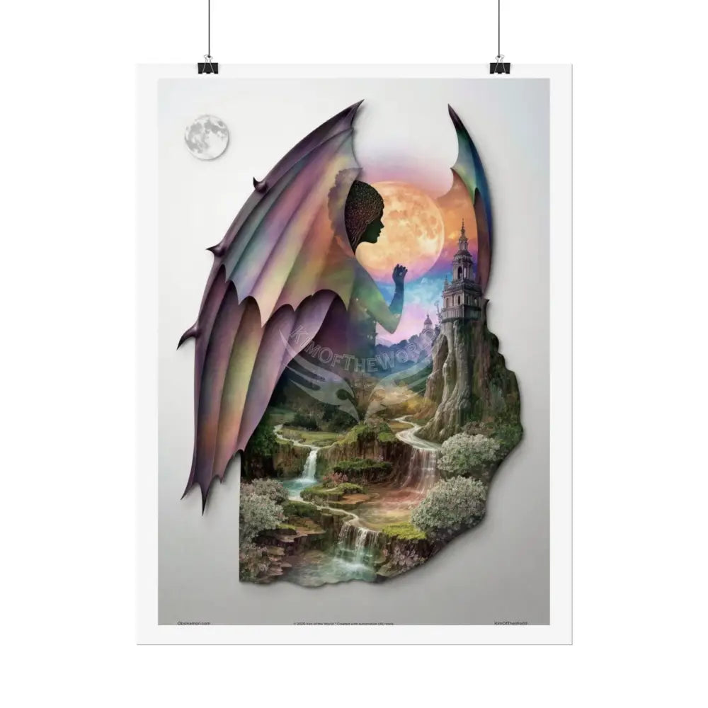 Unusual Giant Bat Wingscape Wonderland Celestial Fantasy Waterfall Gothic Art Poster — Exclusive Blender Diorama Rolled