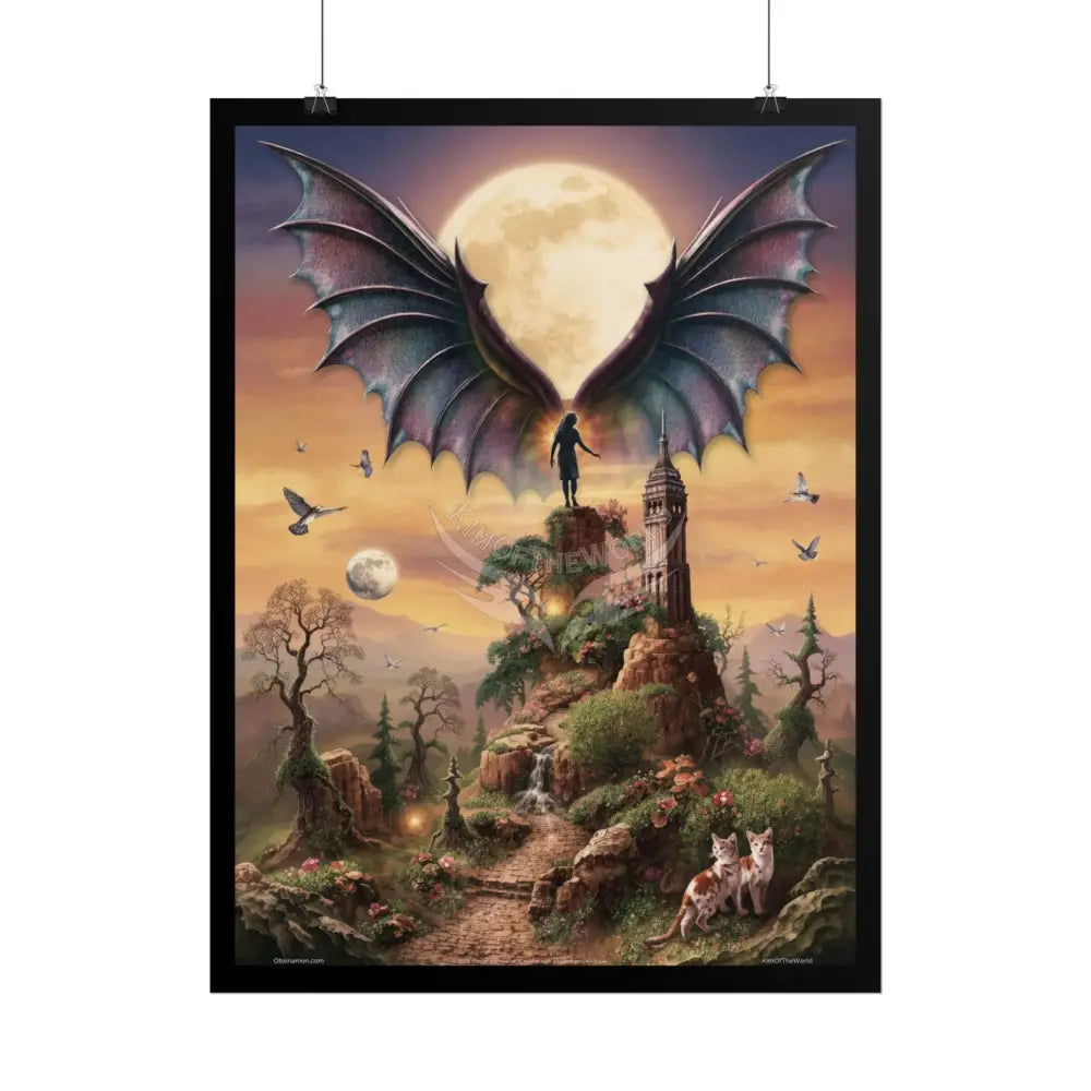 Unusual Giant Bat Wingscape Wonderland Celestial Fantasy Waterfall Gothic Art Poster — Exclusive Blender Diorama Rolled