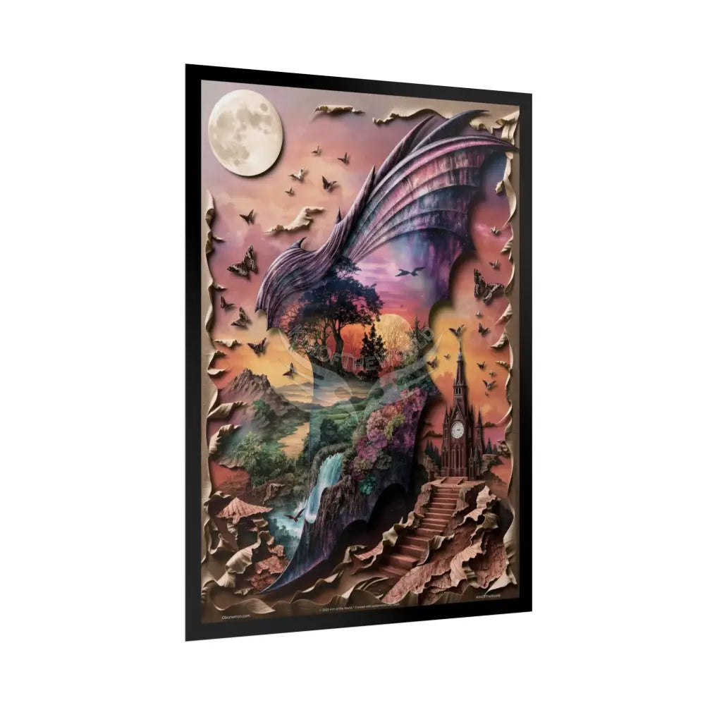 Unusual Giant Bat Wingscape Wonderland Celestial Fantasy Waterfall Gothic Art Poster — Exclusive Blender Diorama Rolled