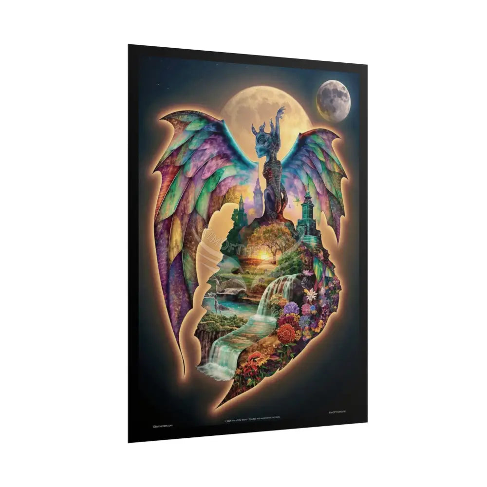 Unusual Giant Bat Wingscape Wonderland Celestial Fantasy Waterfall Gothic Art Poster — Exclusive Blender Diorama Rolled