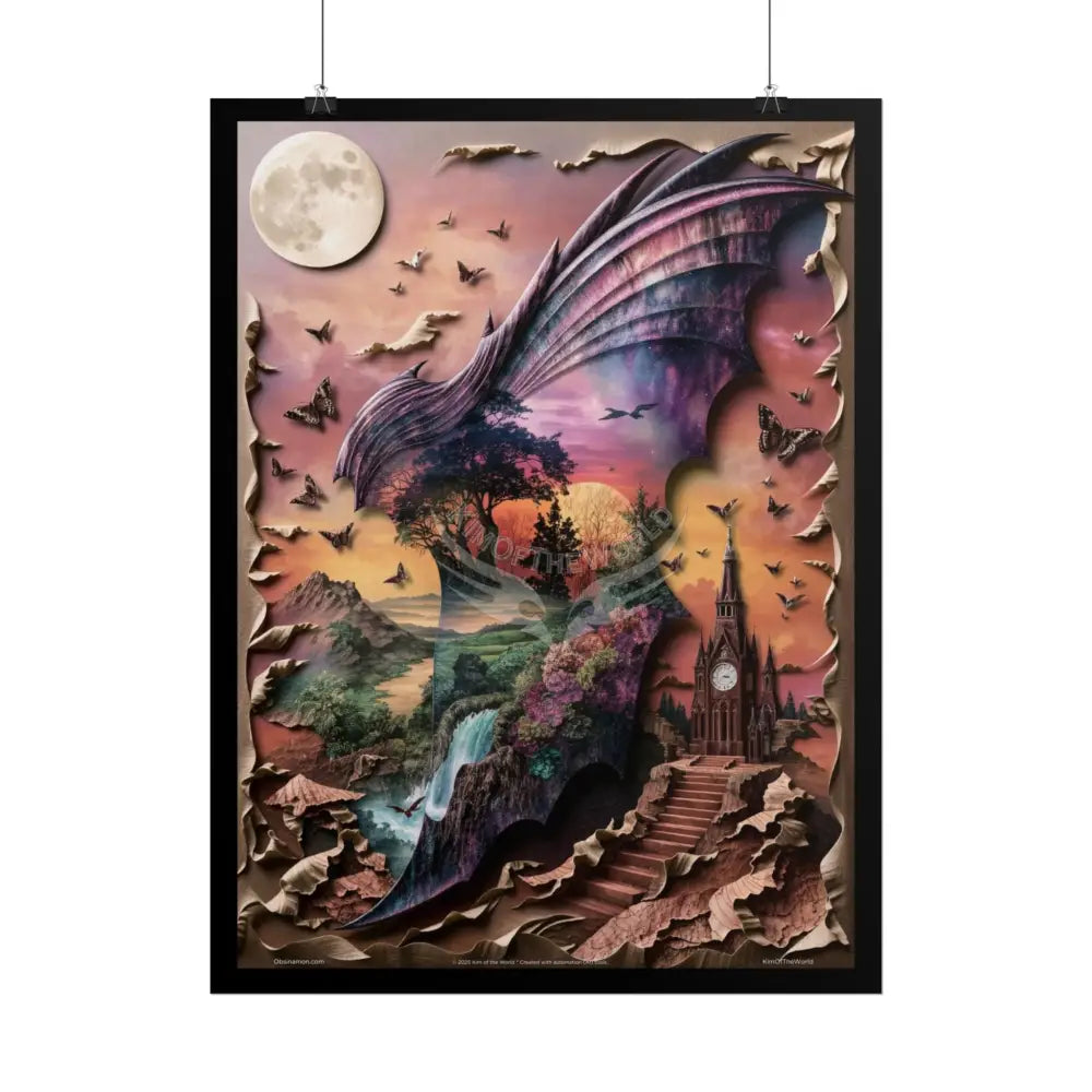 Unusual Giant Bat Wingscape Wonderland Celestial Fantasy Waterfall Gothic Art Poster — Exclusive Blender Diorama Rolled