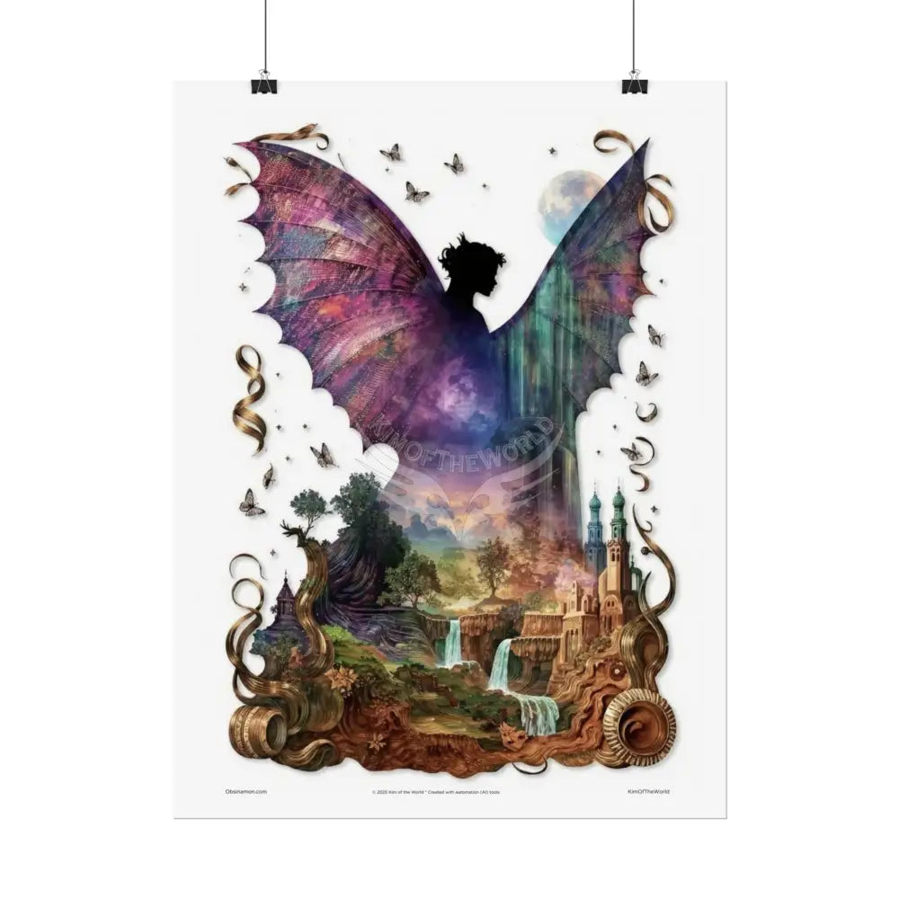 Unusual Giant Bat Wingscape Wonderland Celestial Fantasy Waterfall Gothic Art Poster — Exclusive Blender Diorama Rolled