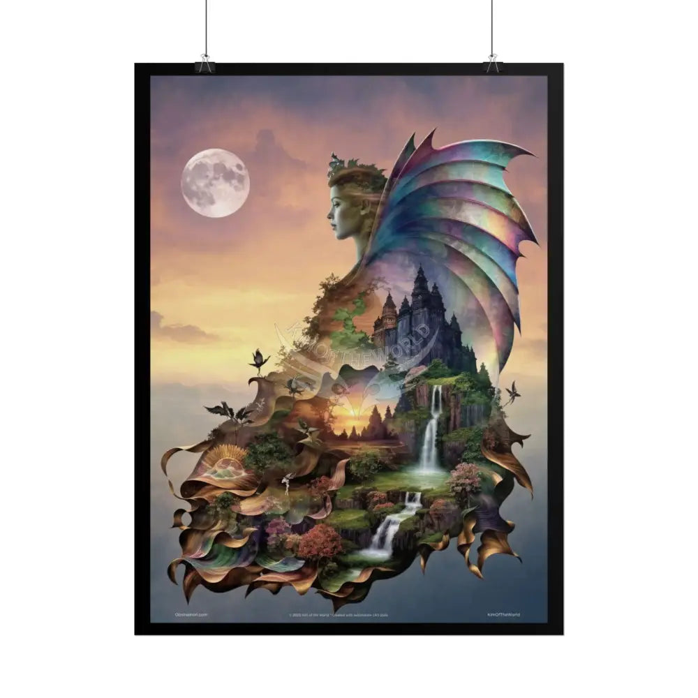 Unusual Giant Bat Wingscape Wonderland Celestial Fantasy Waterfall Gothic Art Poster — Exclusive Blender Diorama Rolled