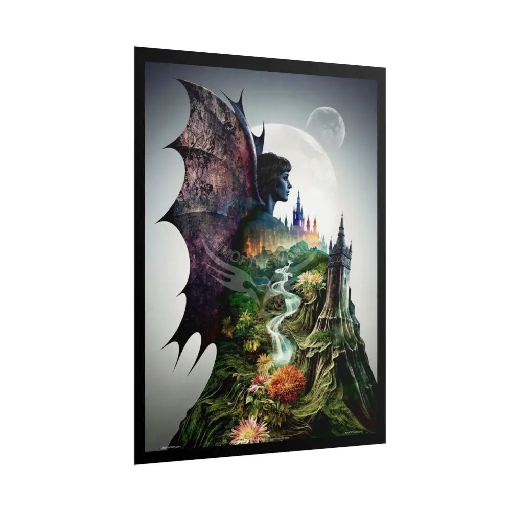 Unusual Giant Bat Wingscape Wonderland Celestial Fantasy Waterfall Gothic Art Poster — Exclusive Blender Diorama Rolled
