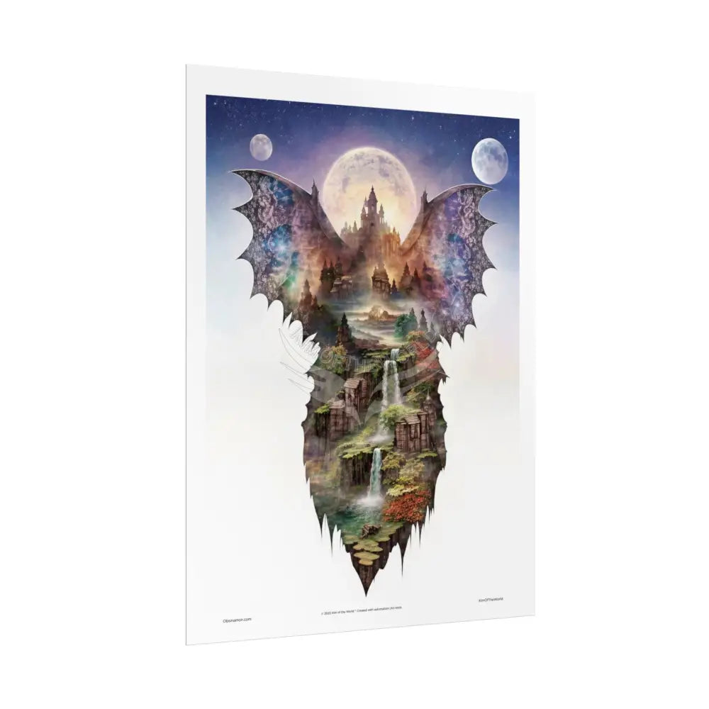 Unusual Giant Bat Wingscape Wonderland Celestial Fantasy Waterfall Gothic Art Poster — Exclusive Blender Diorama Rolled