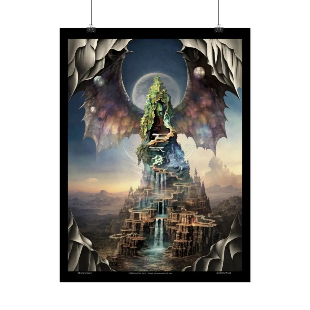 Unusual Giant Bat Wingscape Wonderland Celestial Fantasy Waterfall Gothic Art Poster — Exclusive Blender Diorama Rolled