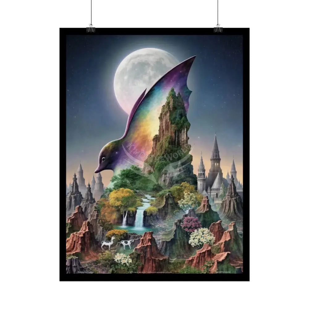 Unusual Giant Bat Wingscape Wonderland Celestial Fantasy Waterfall Gothic Art Poster — Exclusive Blender Diorama Rolled
