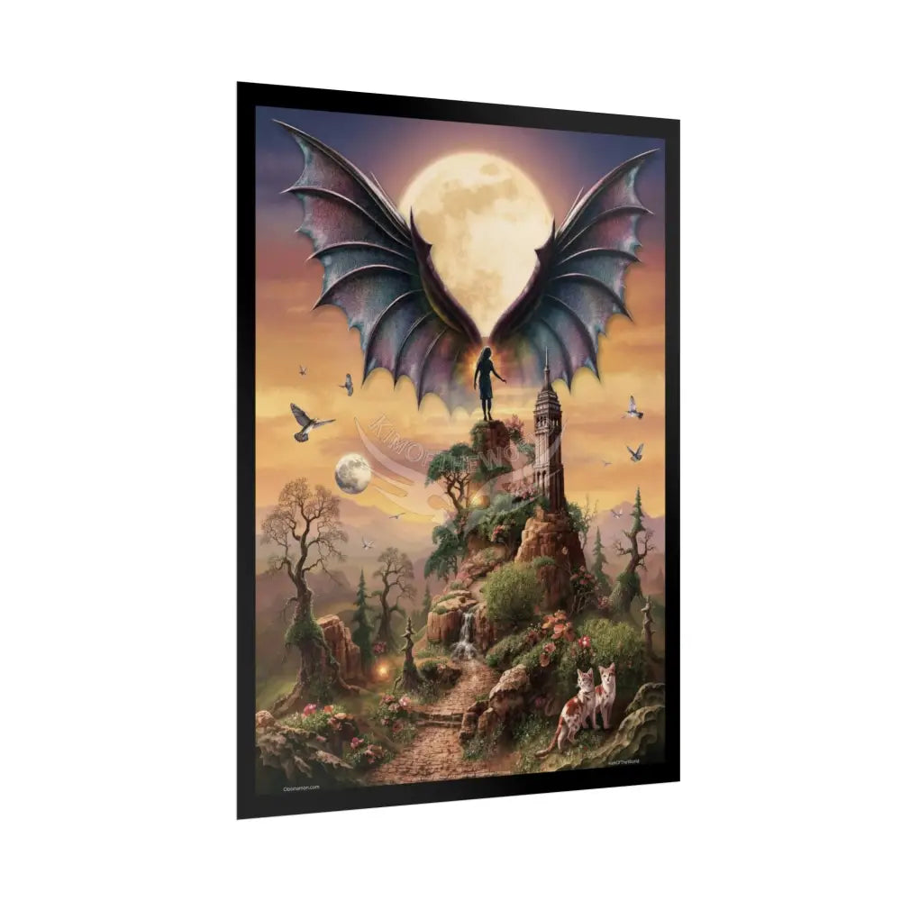 Unusual Giant Bat Wingscape Wonderland Celestial Fantasy Waterfall Gothic Art Poster — Exclusive Blender Diorama Rolled