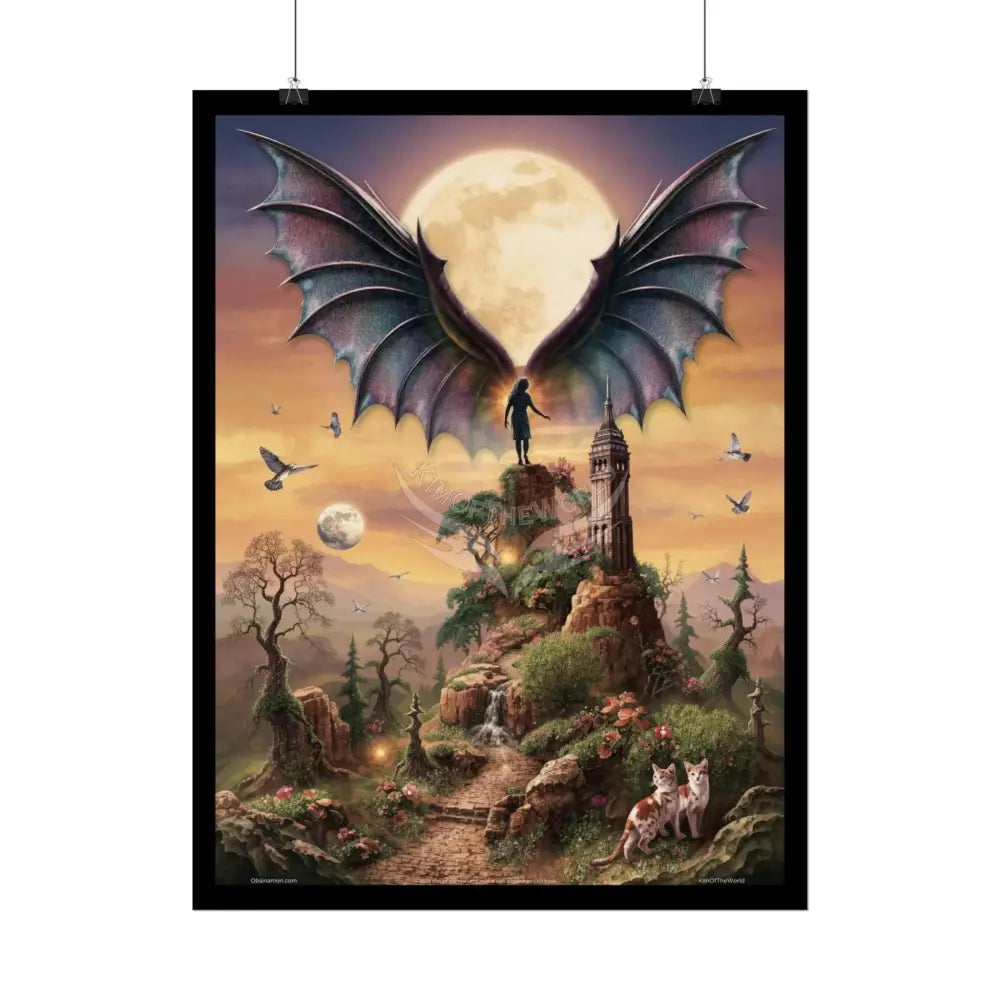 Unusual Giant Bat Wingscape Wonderland Celestial Fantasy Waterfall Gothic Art Poster — Exclusive Blender Diorama Rolled
