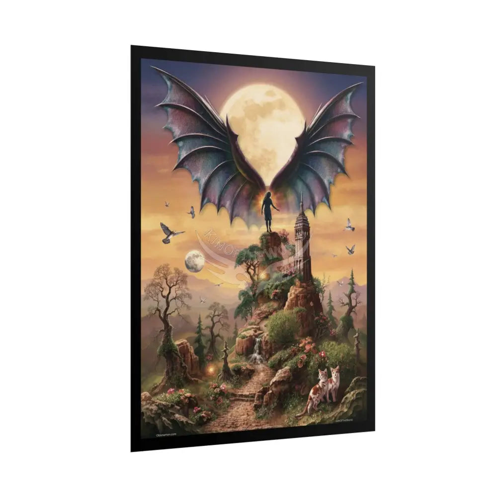 Unusual Giant Bat Wingscape Wonderland Celestial Fantasy Waterfall Gothic Art Poster — Exclusive Blender Diorama Rolled