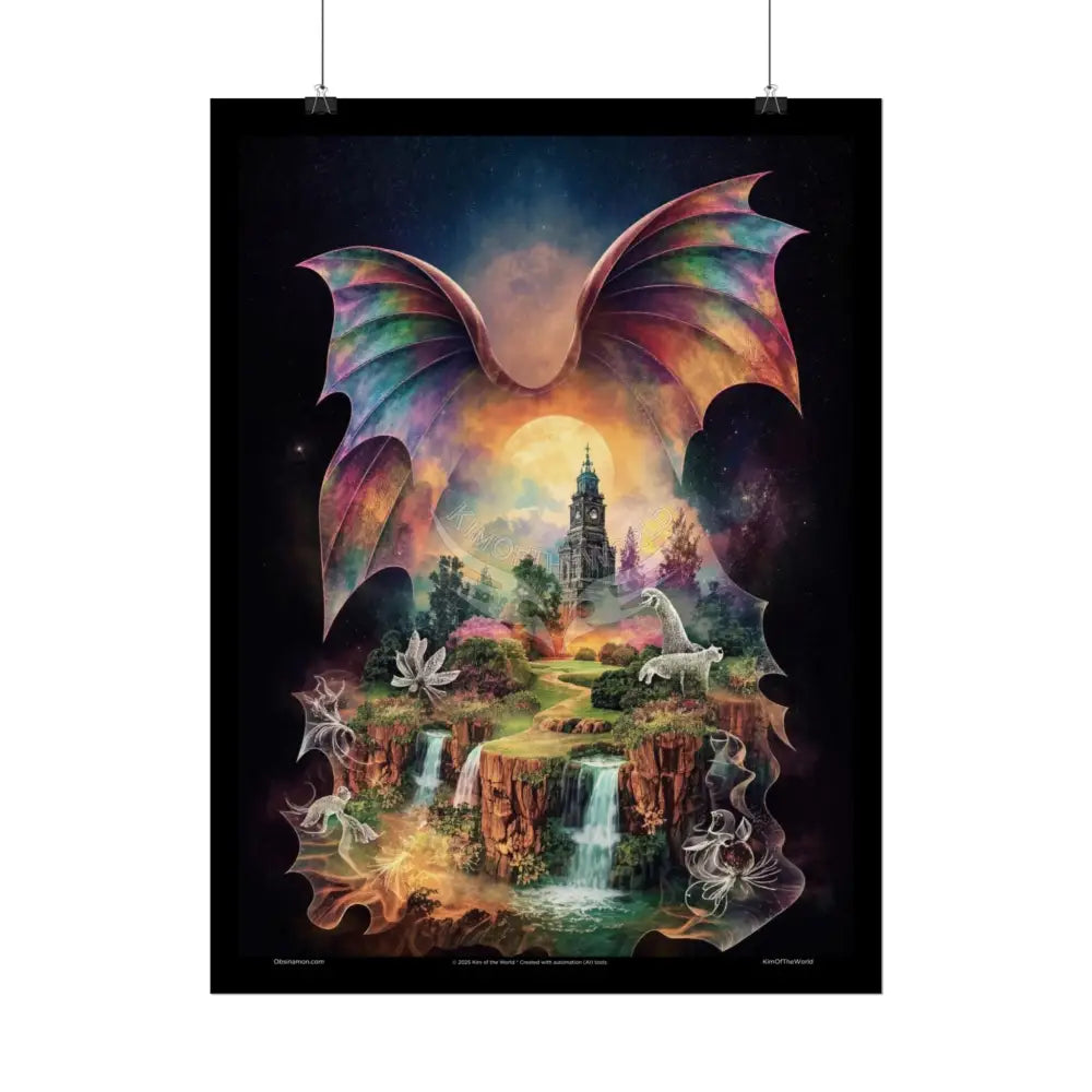 Unusual Giant Bat Wingscape Wonderland Celestial Fantasy Waterfall Gothic Art Poster — Exclusive Blender Diorama Rolled
