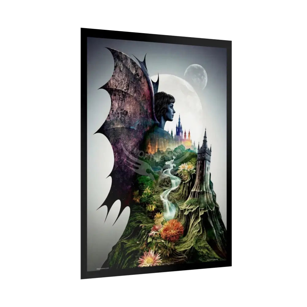 Unusual Giant Bat Wingscape Wonderland Celestial Fantasy Waterfall Gothic Art Poster — Exclusive Blender Diorama Rolled