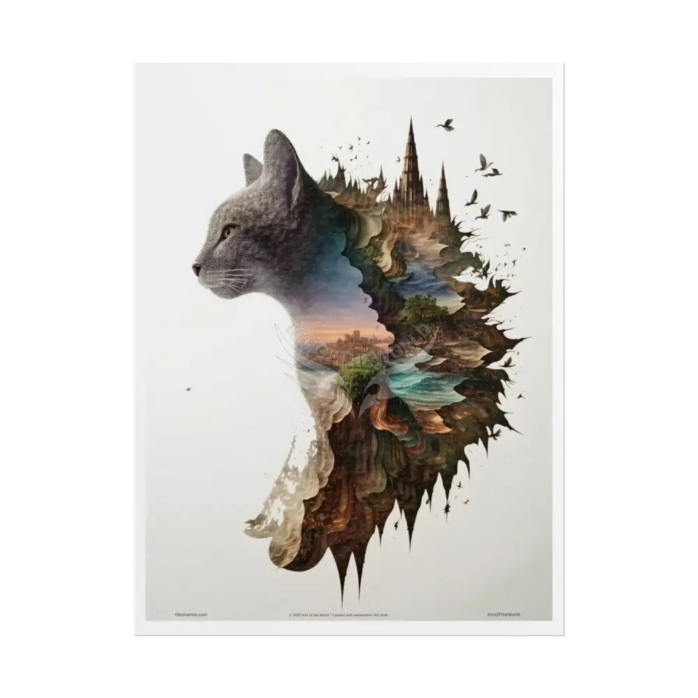 Unusual Giant Cat Scape Wonderland Celestial Fantasy Waterfall Gothic Art Poster — Exclusive Blender Diorama Rolled