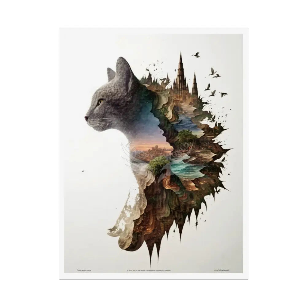 Unusual Giant Cat Scape Wonderland Celestial Fantasy Waterfall Gothic Art Poster — Exclusive Blender Diorama Rolled