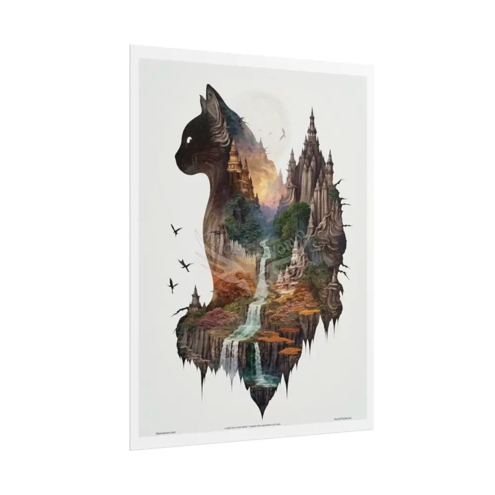 Unusual Giant Cat Scape Wonderland Celestial Fantasy Waterfall Gothic Art Poster — Exclusive Blender Diorama Rolled