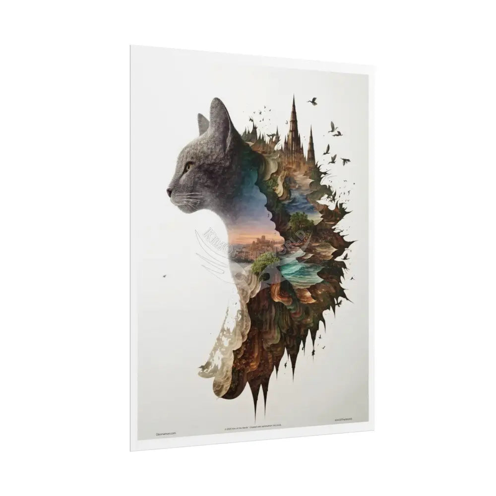 Unusual Giant Cat Scape Wonderland Celestial Fantasy Waterfall Gothic Art Poster — Exclusive Blender Diorama Rolled