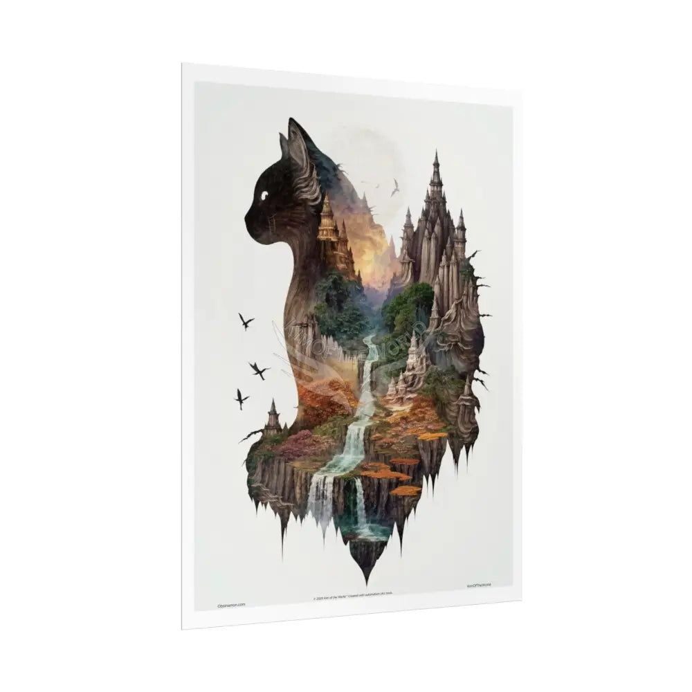 Unusual Giant Cat Scape Wonderland Celestial Fantasy Waterfall Gothic Art Poster — Exclusive Blender Diorama Rolled