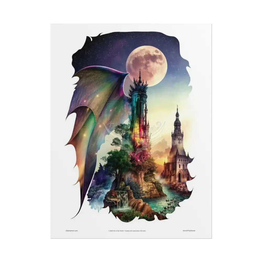 Unusual Giant Dragon Wingscape Wonderland Celestial Fantasy Waterfall Gothic Art Poster — Exclusive Blender Diorama