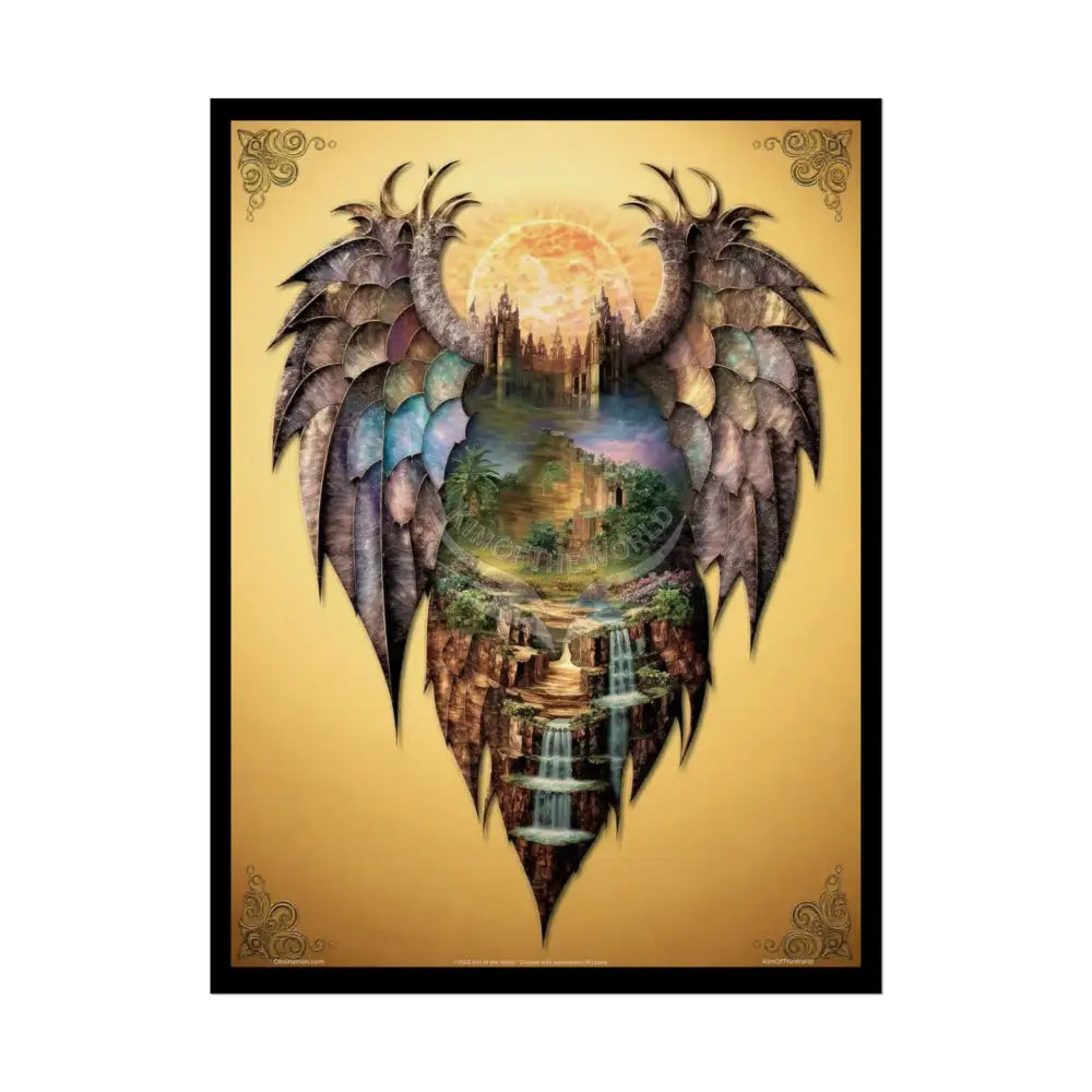 Unusual Giant Dragon Wingscape Wonderland Celestial Fantasy Waterfall Gothic Art Poster — Exclusive Blender Diorama