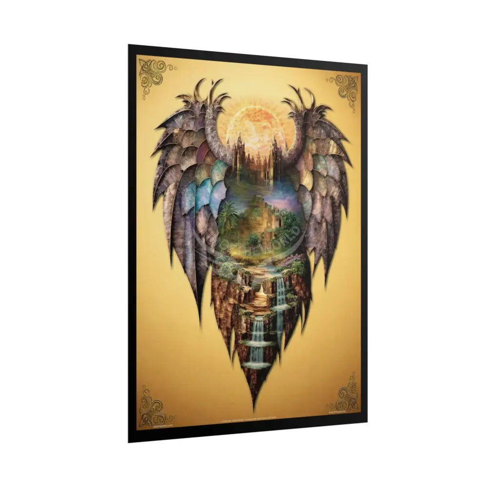 Unusual Giant Dragon Wingscape Wonderland Celestial Fantasy Waterfall Gothic Art Poster — Exclusive Blender Diorama