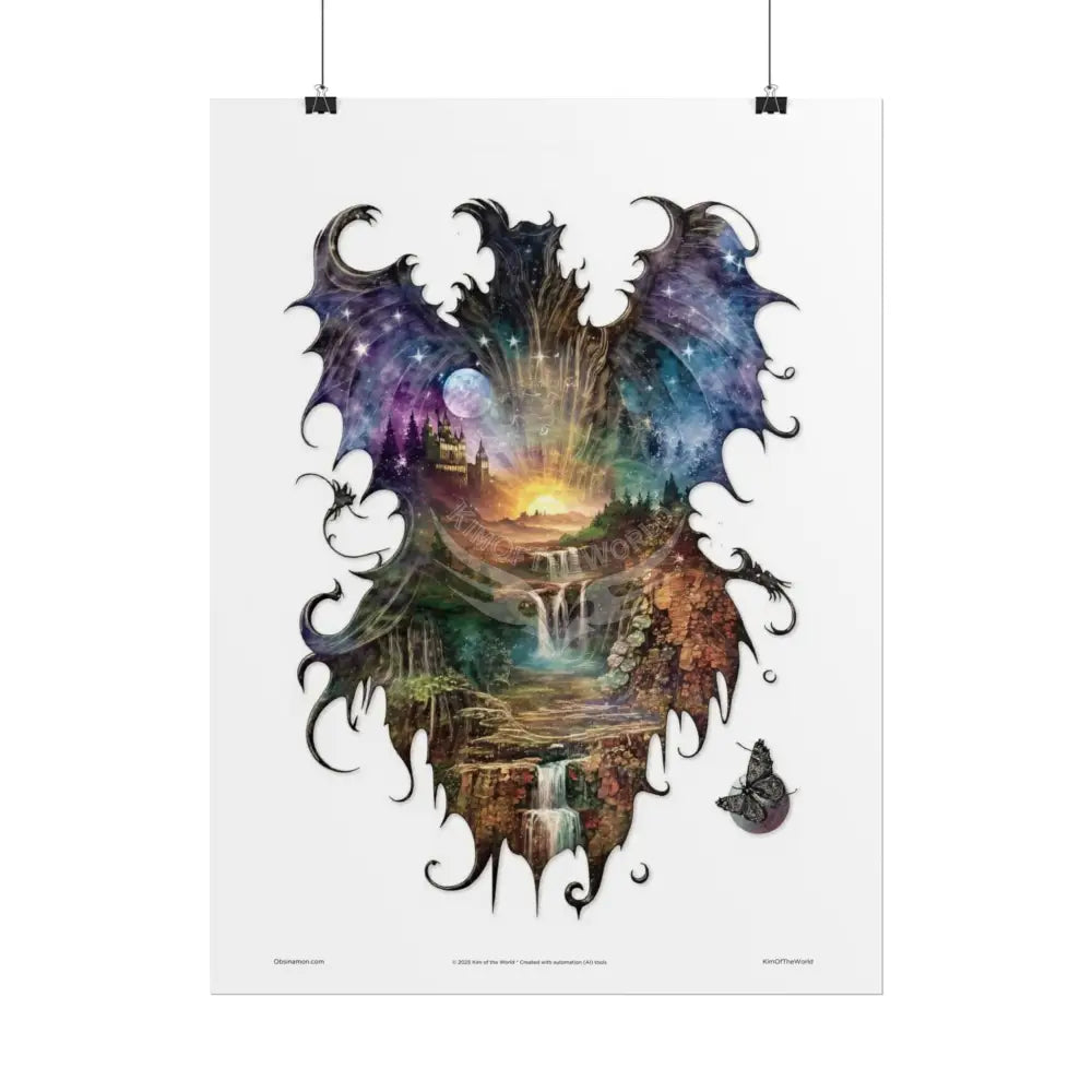 Unusual Giant Dragon Wingscape Wonderland Celestial Fantasy Waterfall Gothic Art Poster — Exclusive Blender Diorama