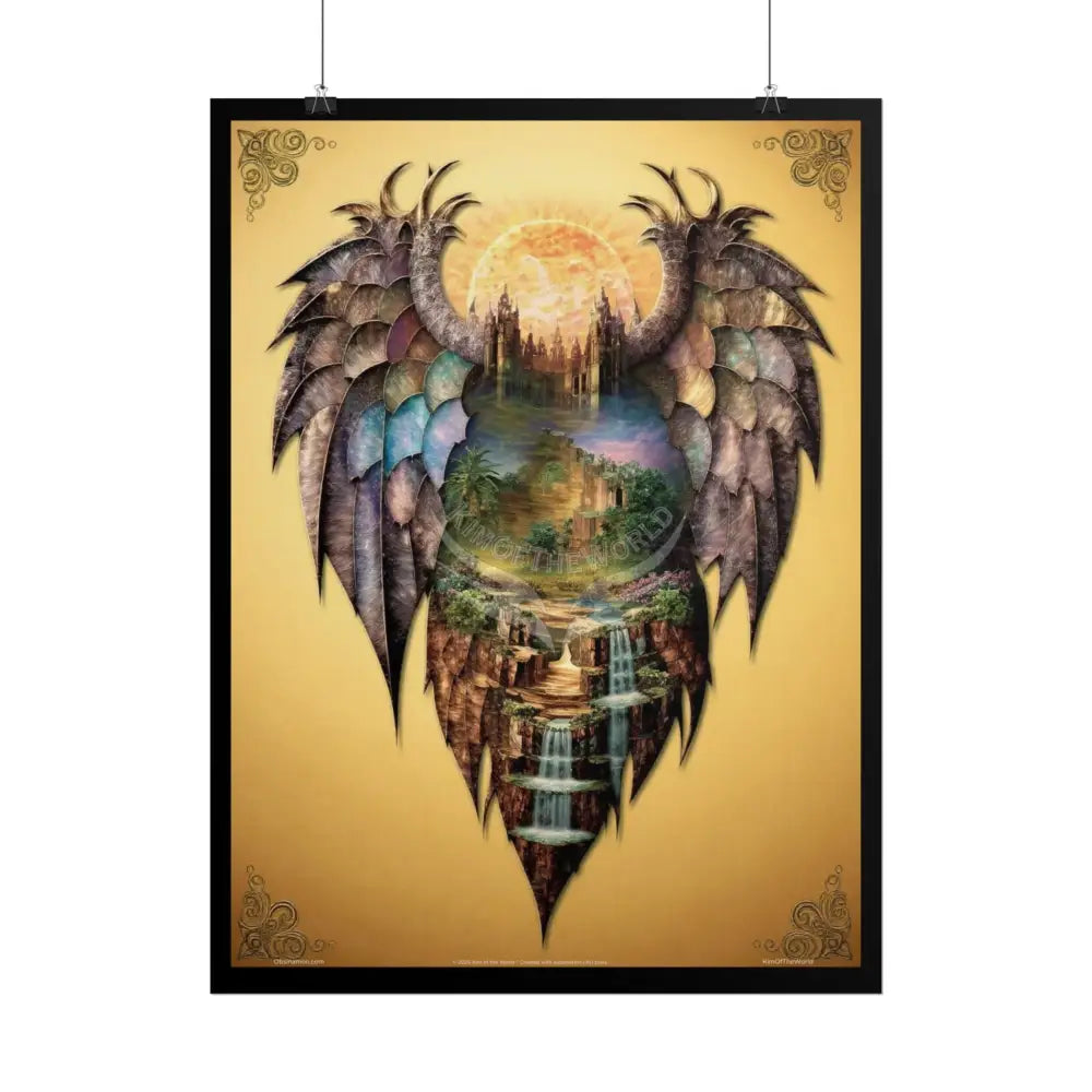 Unusual Giant Dragon Wingscape Wonderland Celestial Fantasy Waterfall Gothic Art Poster — Exclusive Blender Diorama