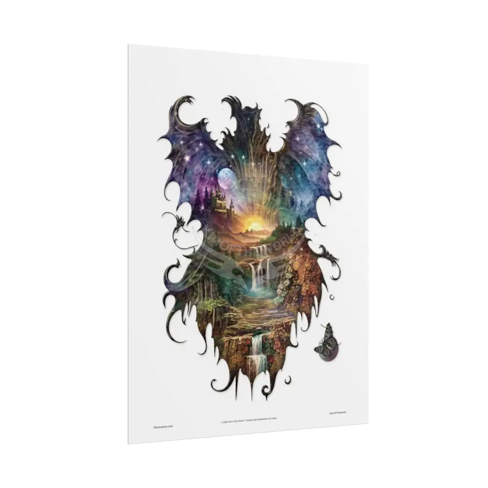 Unusual Giant Dragon Wingscape Wonderland Celestial Fantasy Waterfall Gothic Art Poster — Exclusive Blender Diorama