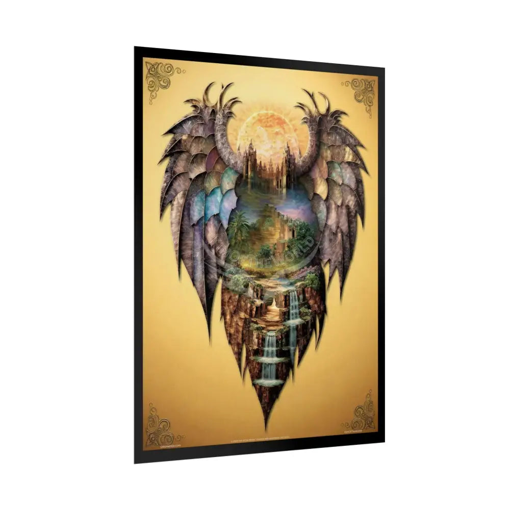 Unusual Giant Dragon Wingscape Wonderland Celestial Fantasy Waterfall Gothic Art Poster — Exclusive Blender Diorama