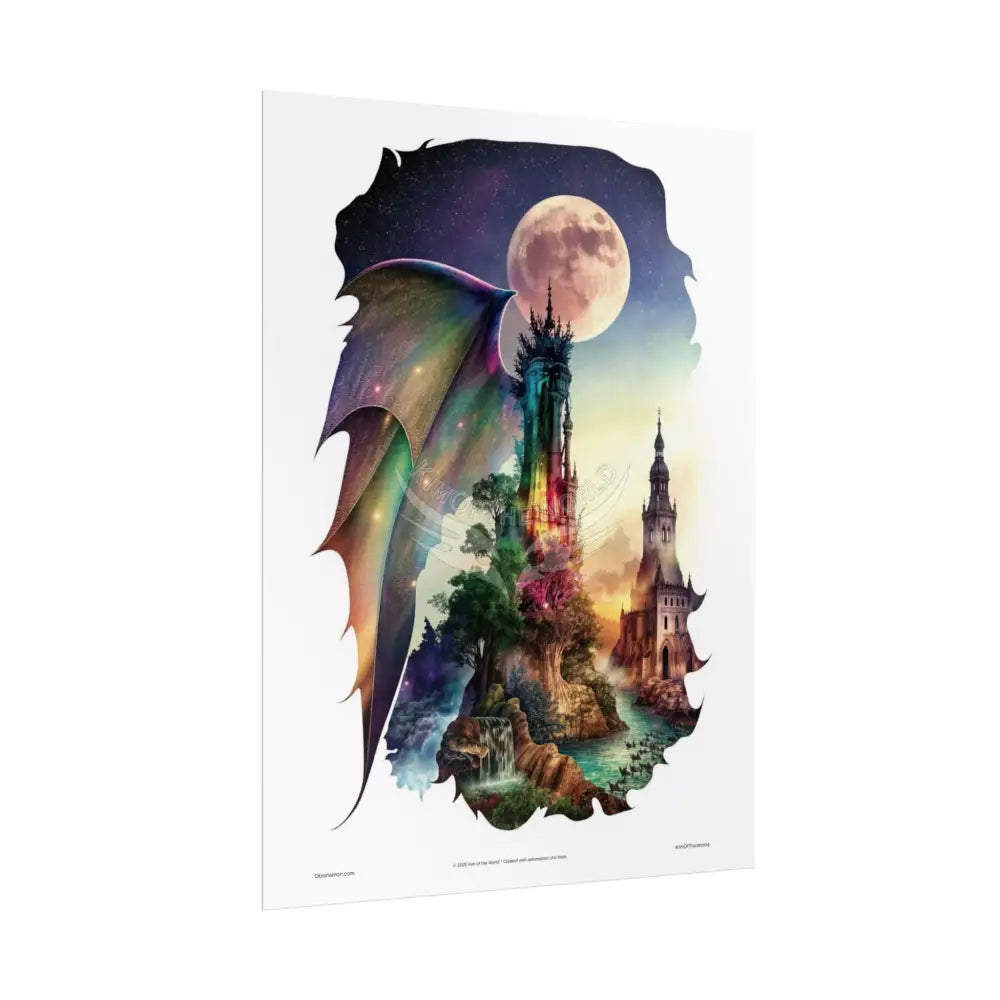 Unusual Giant Dragon Wingscape Wonderland Celestial Fantasy Waterfall Gothic Art Poster — Exclusive Blender Diorama