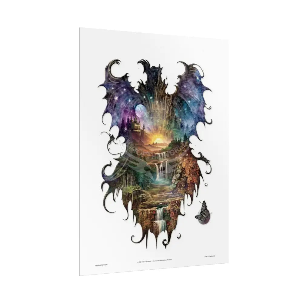 Unusual Giant Dragon Wingscape Wonderland Celestial Fantasy Waterfall Gothic Art Poster — Exclusive Blender Diorama